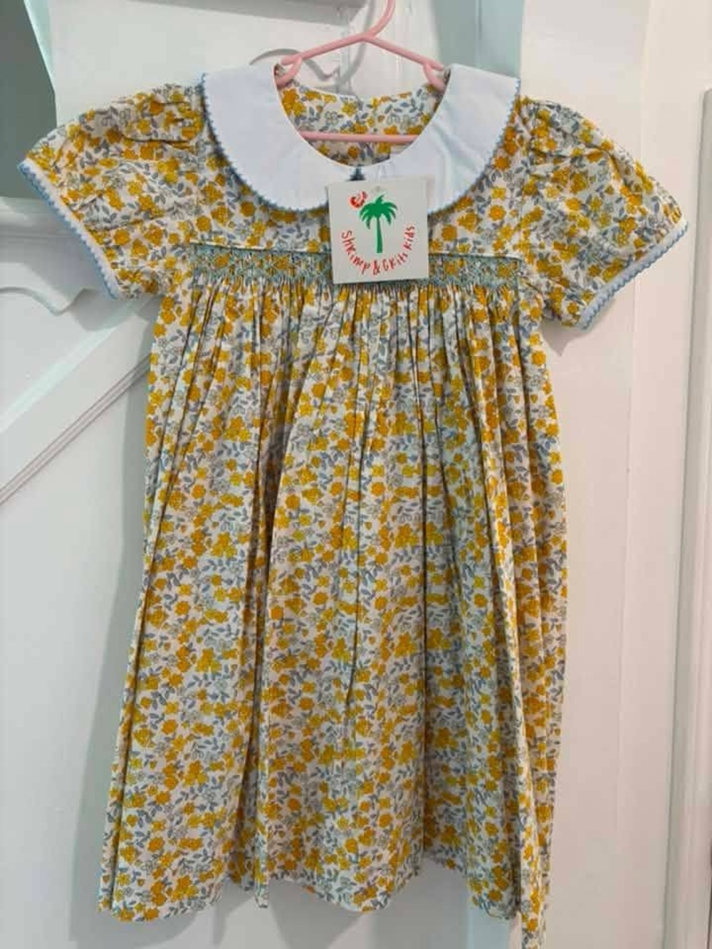 Girls Yellow Floral Smocked Dress with Peter Pan Collar